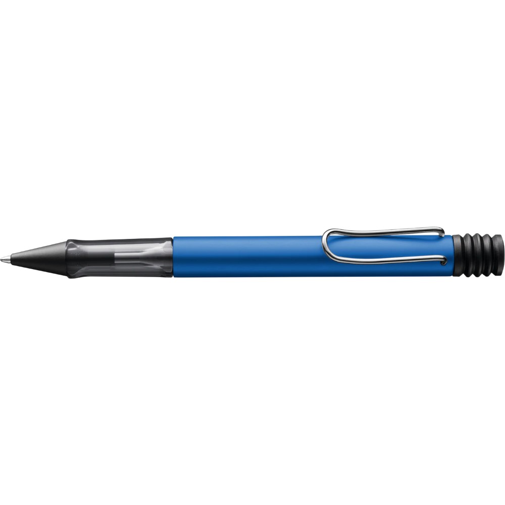 Lamy AL-star ballpoint pen with metallic blue barrel and silver clip, featuring a sleek ergonomic design.