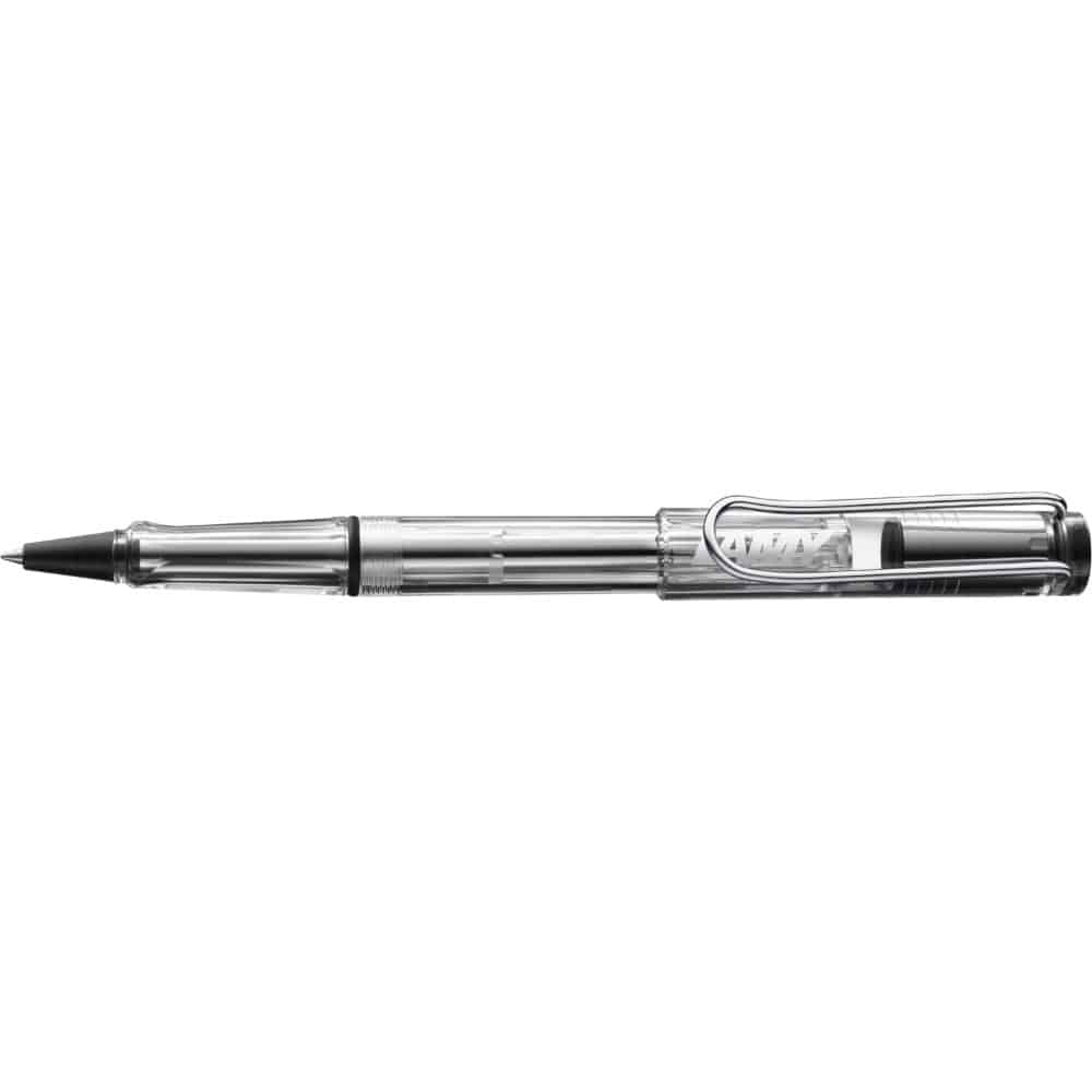 Lamy Safari rollerball pen with green plastic barrel and black grip, featuring a silver clip and tip for smooth writing.