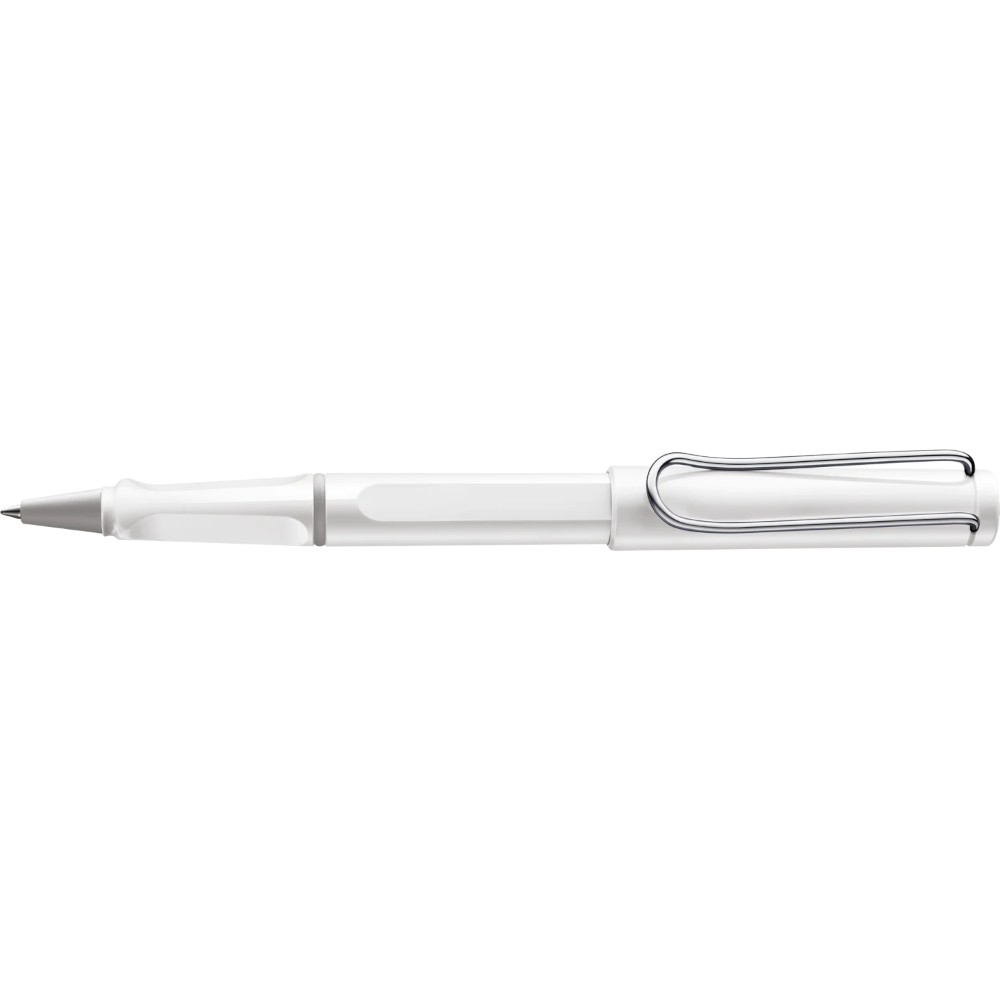 Lamy Safari rollerball pen with green plastic body and black grip, featuring a silver clip and tip.