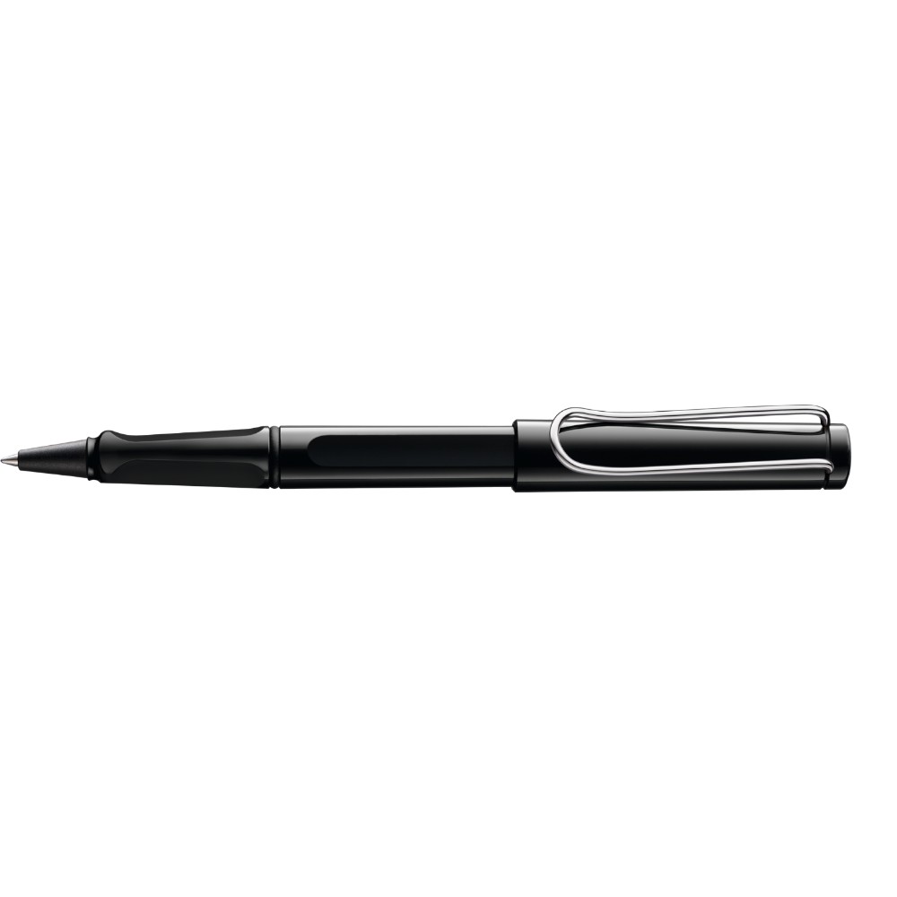 Black Lamy Safari rollerball pen with ergonomic grip and clip, designed for smooth writing and comfortable handling.