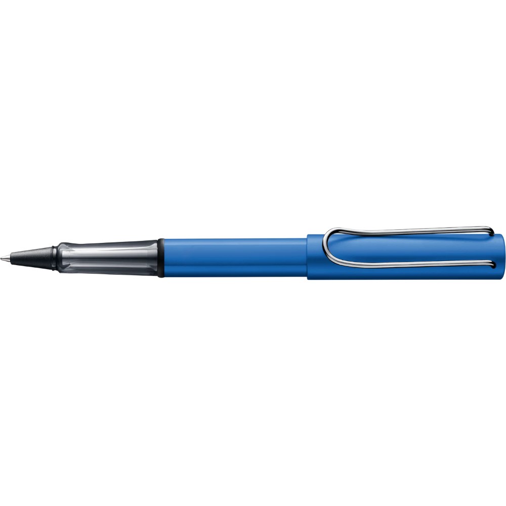 Lamy AL-star rollerball pen with silver aluminum body and black grip, featuring a sleek, modern design.