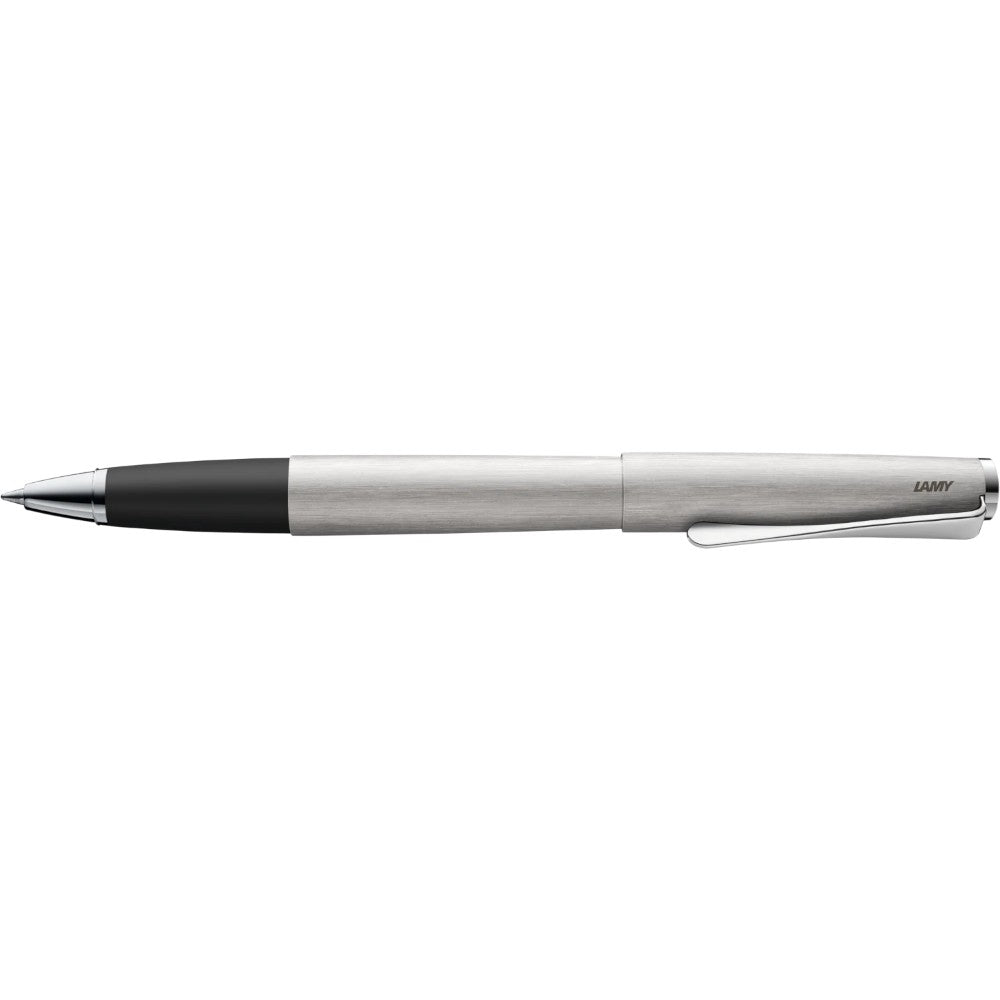 Lamy Studio rollerball pen with sleek silver body and modern design, featuring a stainless steel nib and smooth grip.