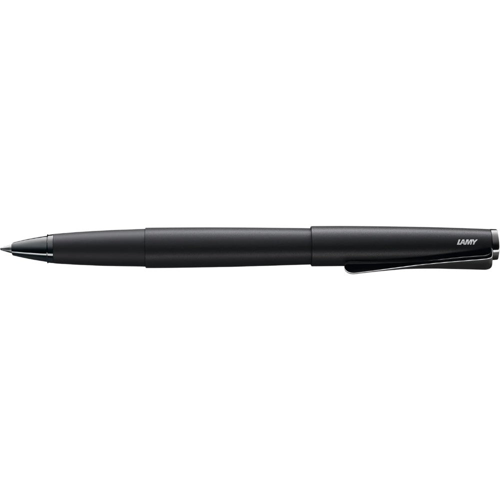 Black Lamy Studio rollerball pen with sleek design and silver accents, shown on a white background.