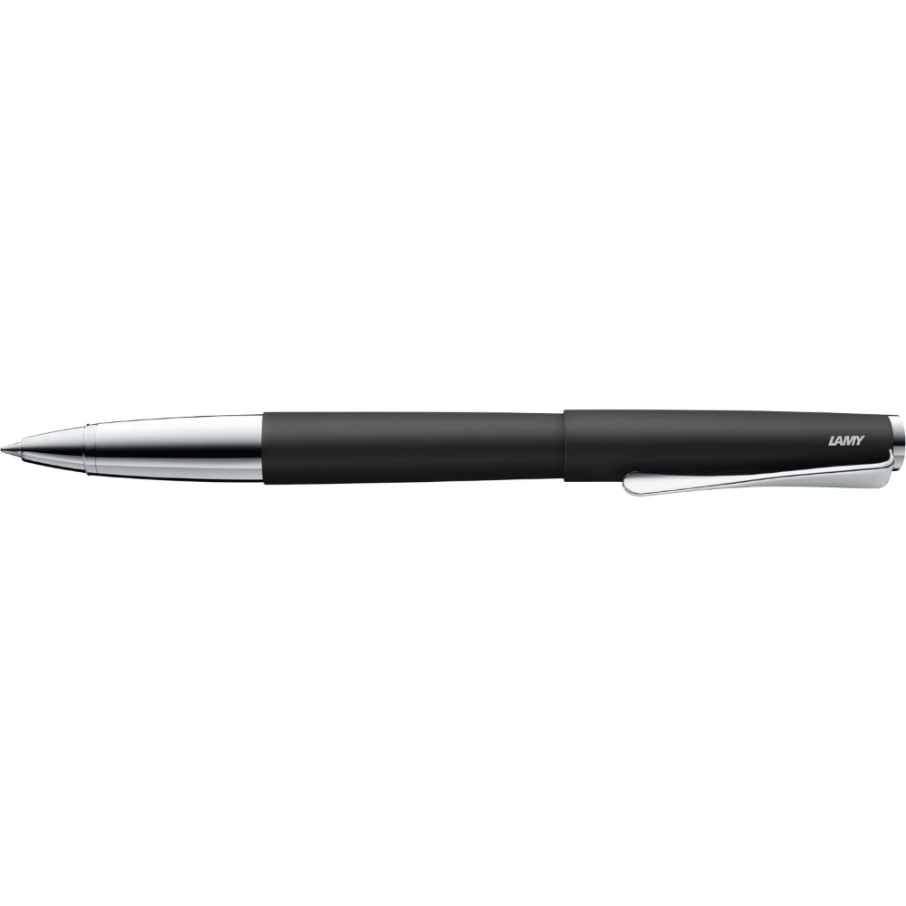 Lamy Studio rollerball pen with sleek black body and chrome accents, designed for smooth writing and modern style.