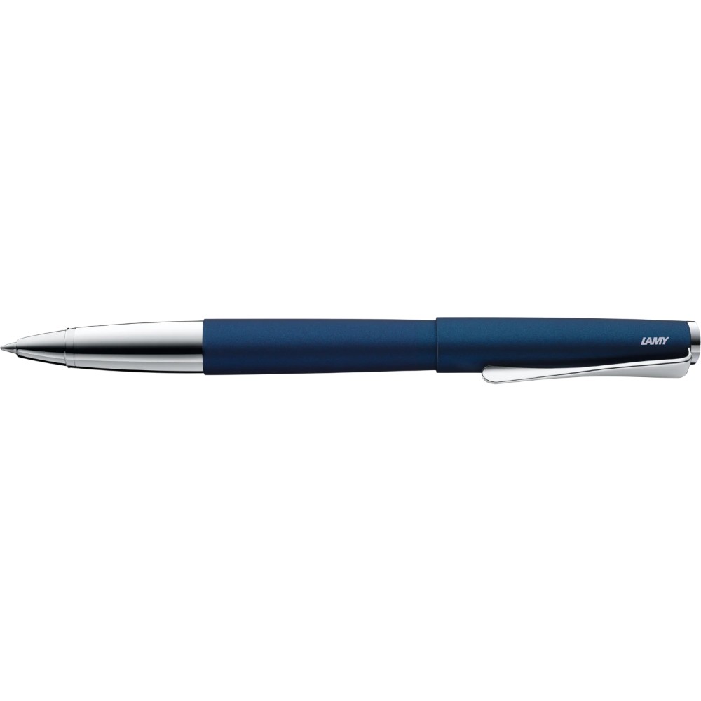 Lamy Studio rollerball pen with sleek black finish and chrome accents, featuring a modern, minimalist design.