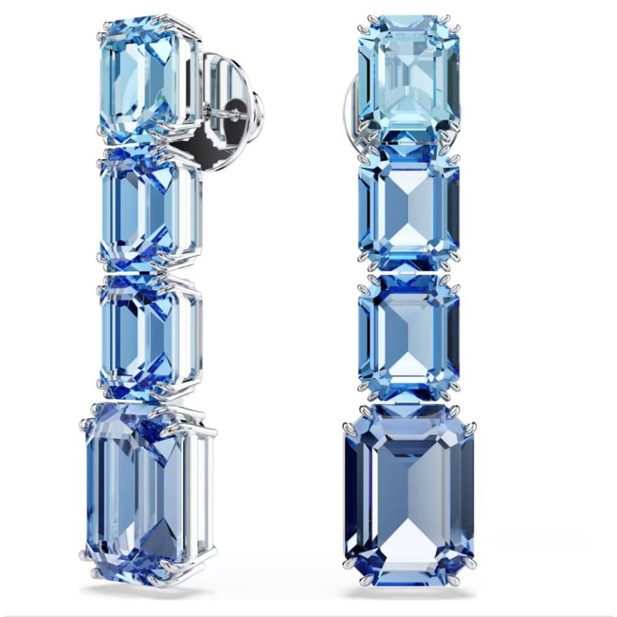 Swarovski Millenia Drop Earrings with octagon-shaped blue gradient crystals, rhodium-plated, showcasing elegant dangle jewelry.