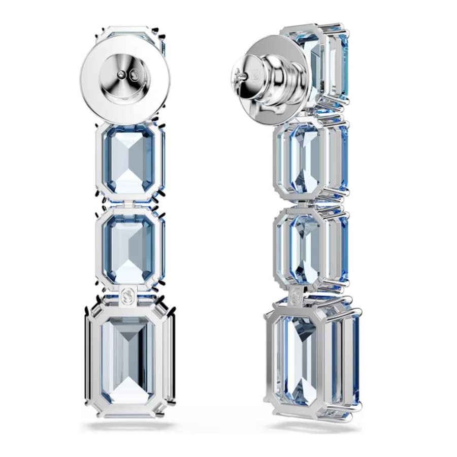 Swarovski Millenia drop earrings with octagon cut blue crystal, color gradient, rhodium plating, and elegant design.
