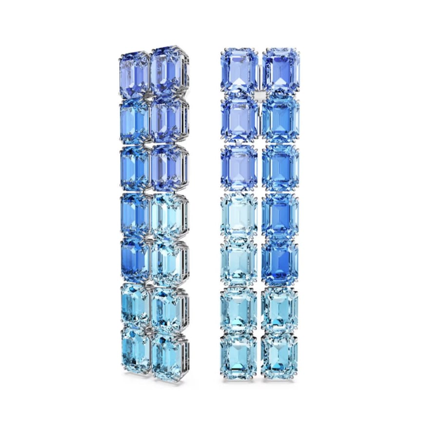 Swarovski Millenia clip earrings with octagon cut blue color gradient crystals, long design, rhodium plated.