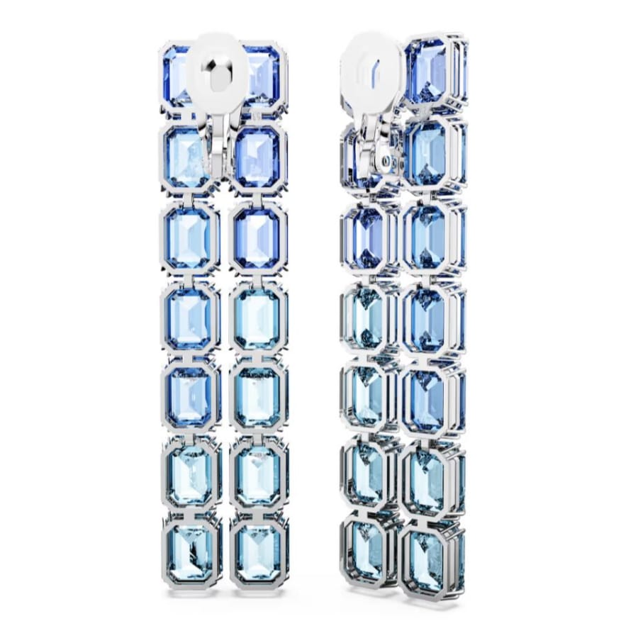 Swarovski Millenia clip earrings with octagon cut blue gradient crystals, long design, rhodium-plated finish.
