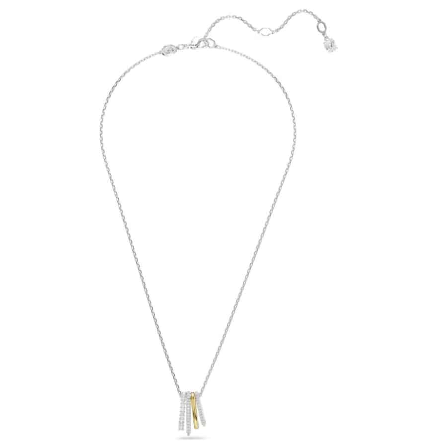 Swarovski Hyperbola Pendant with mixed cuts in white crystal, hanging from a mixed metal chain, showcasing elegant jewelry design.