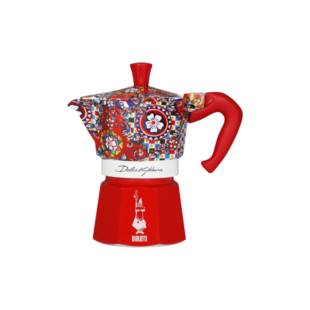 Red Bialetti Espresso Coffee Maker Mediterraneo Dolce & Gabbana, compact stovetop espresso pot with stylish design.