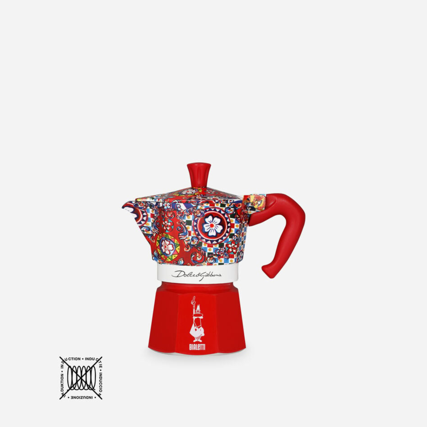 Red Bialetti Espresso Coffee Maker Mediterraneo Dolce & Gabbana with sleek design and compact size for rich coffee brewing.