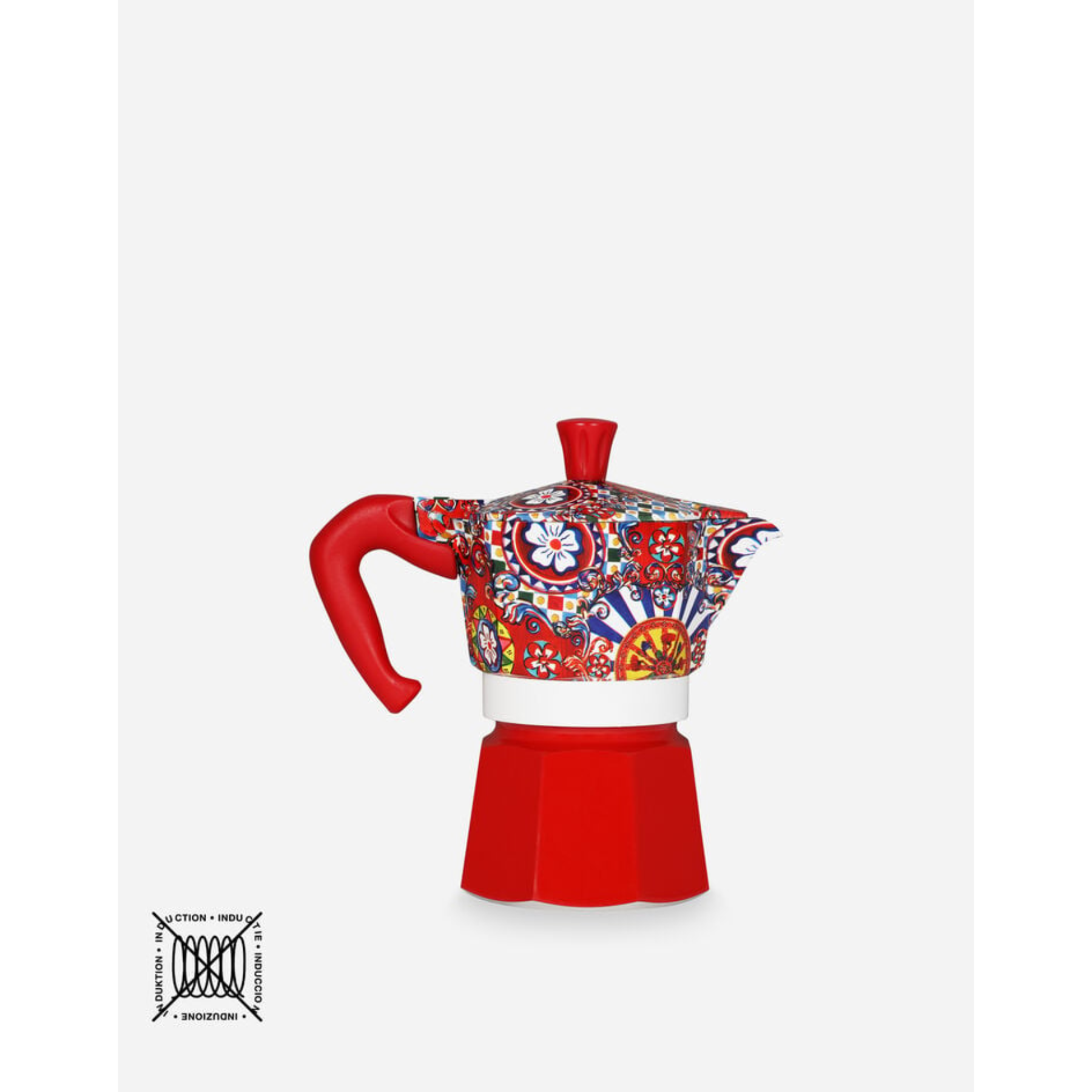 Red Bialetti Espresso Coffee Maker Mediterraneo Dolce & Gabbana, compact stovetop moka pot with classic design.