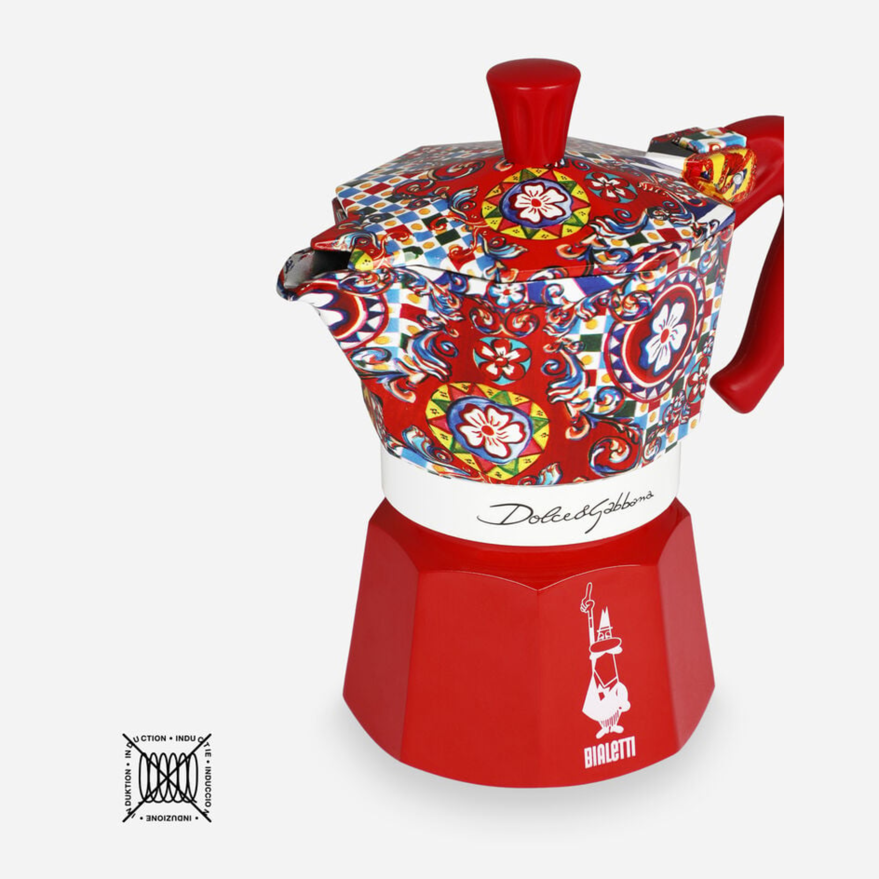 Red Bialetti Espresso Coffee Maker Mediterraneo Dolce & Gabbana with classic stovetop design and shiny finish.