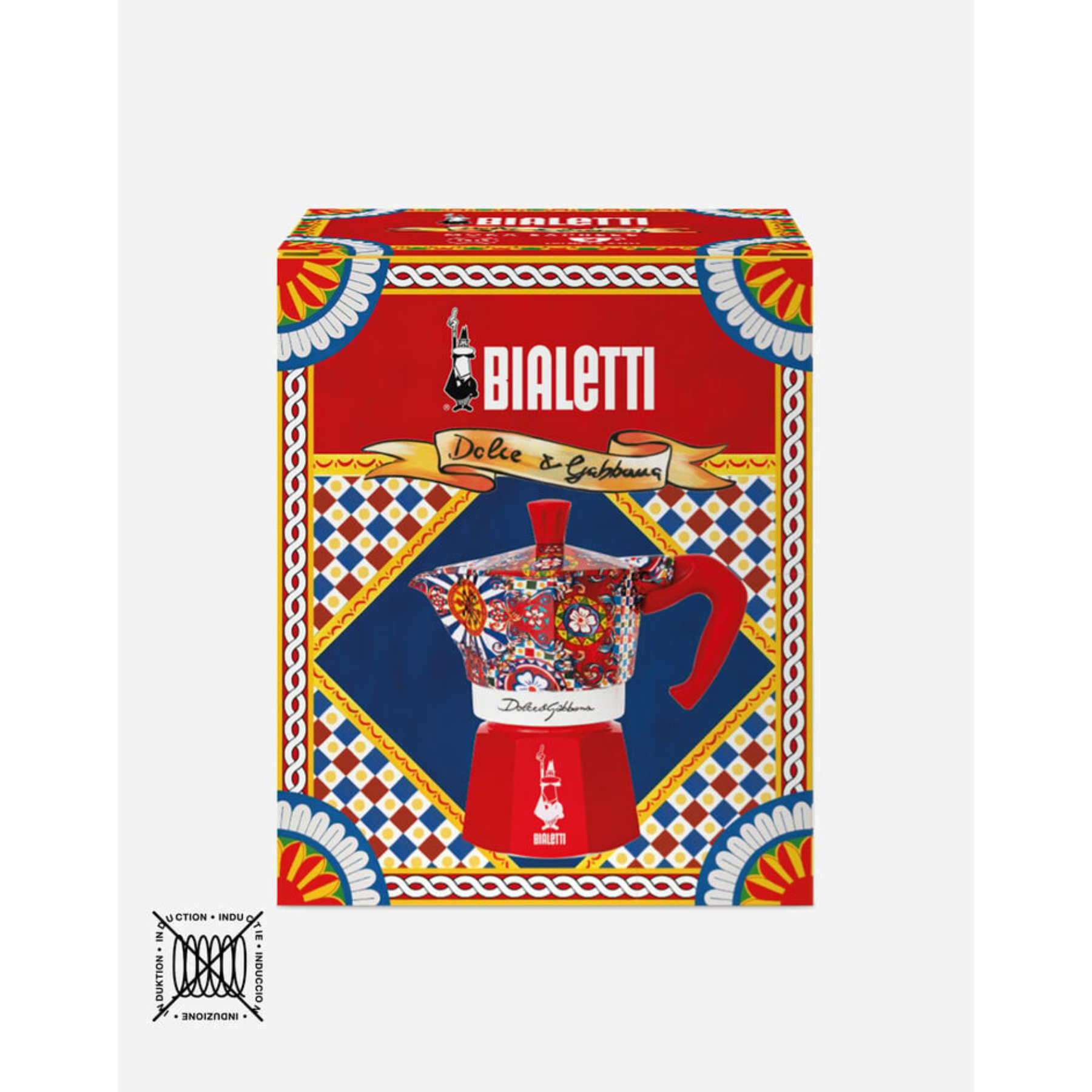 Red Bialetti Espresso Coffee Maker Mediterraneo Dolce & Gabbana with sleek design and metallic finish, perfect for brewing rich espresso.