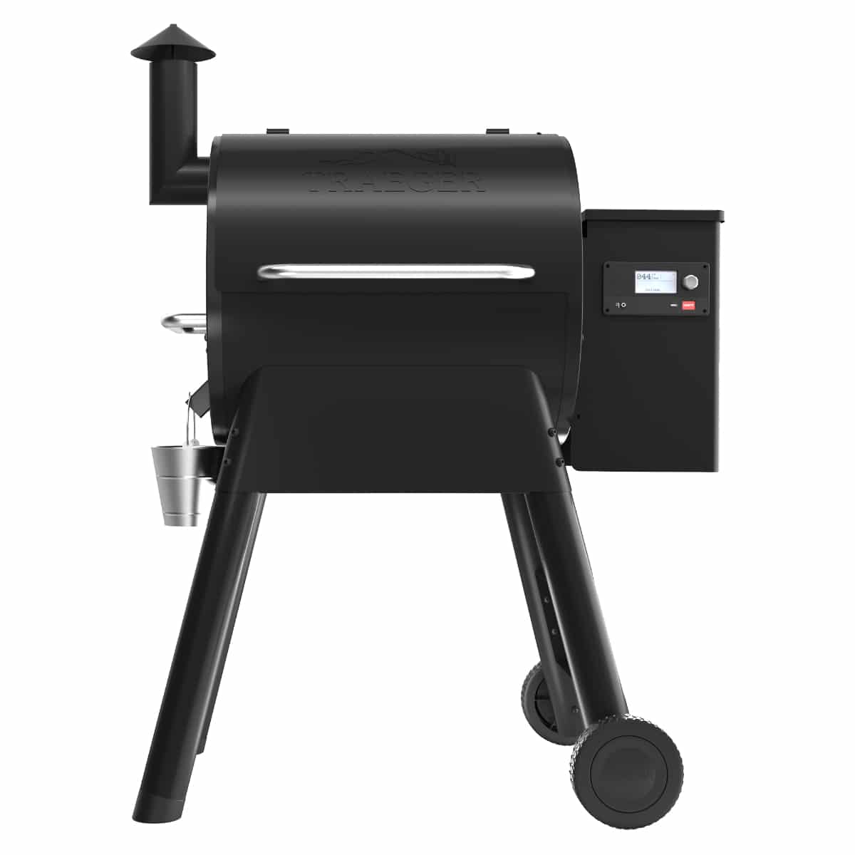 Traeger Pro 575 wood pellet grill showing stainless steel exterior and digital control panel for outdoor cooking
