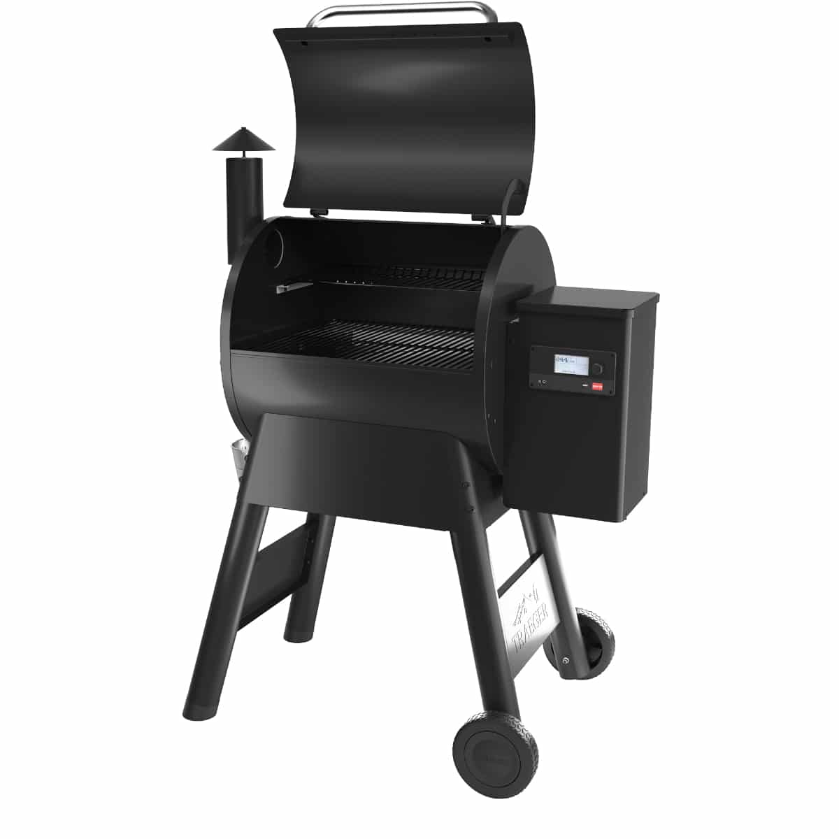 Traeger Pro 575 wood pellet grill with stainless steel exterior and digital control panel, ideal for outdoor cooking and grilling.