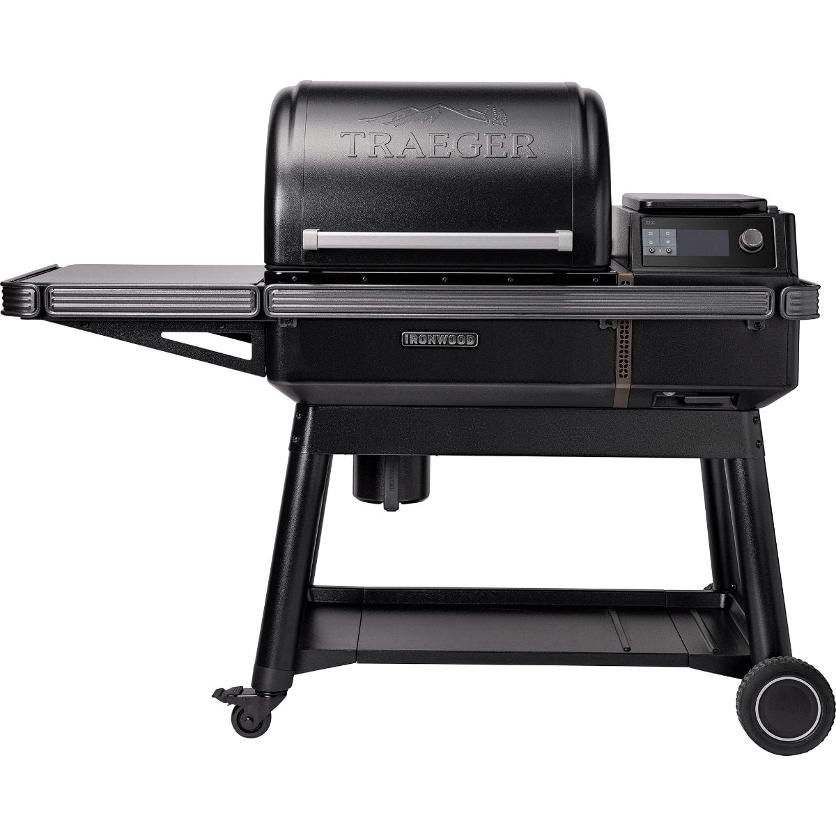 Traeger Ironwood wood pellet grill with stainless steel exterior and digital control panel for outdoor cooking and smoking.