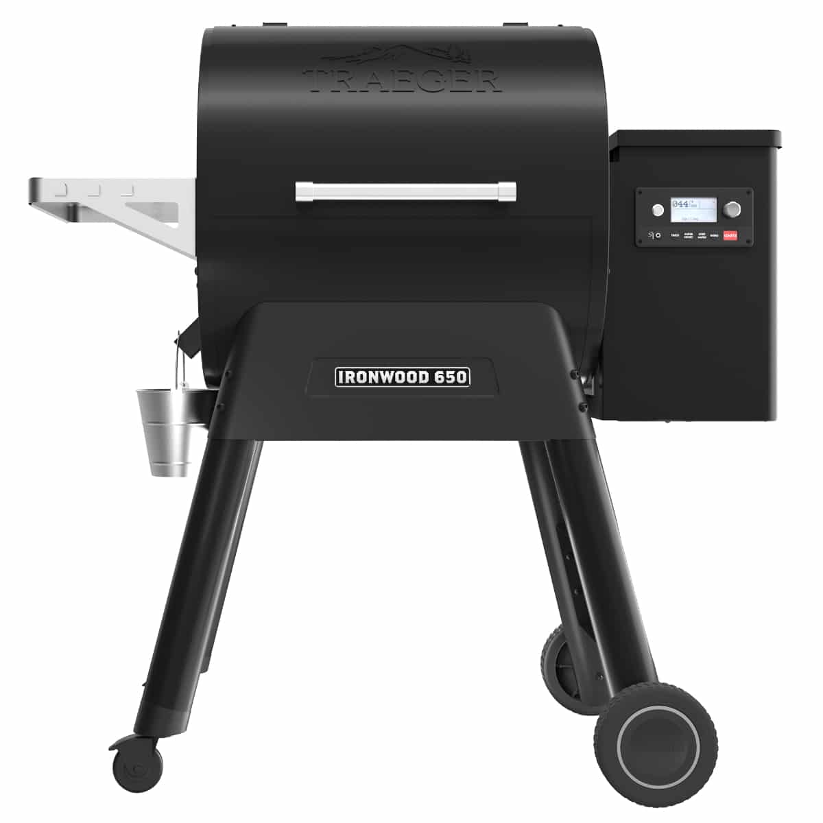 Traeger Ironwood 650 wood pellet grill with black exterior, digital control panel, and ample cooking surface for smoking and grilling