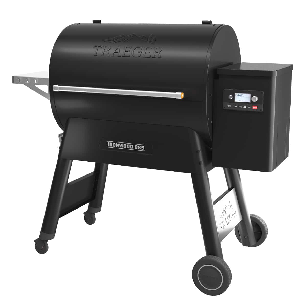 Traeger Ironwood 885 wood pellet grill with digital control panel, stainless steel lid, and cooking grates for outdoor grilling.