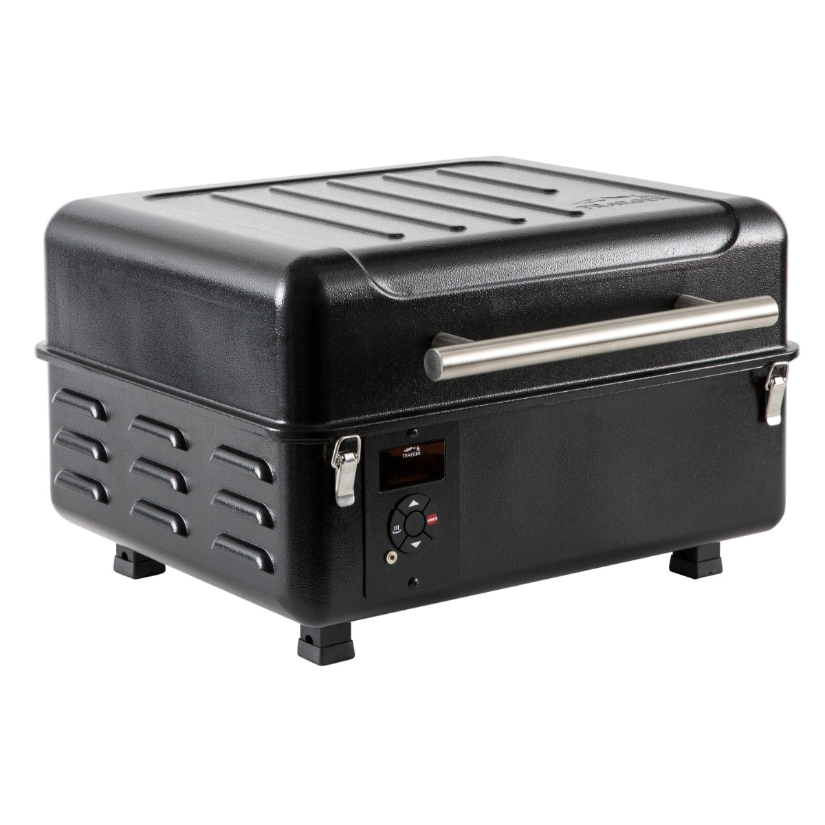 Traeger Ranger wood pellet grill with compact design, stainless steel lid, and digital control panel for outdoor grilling.
