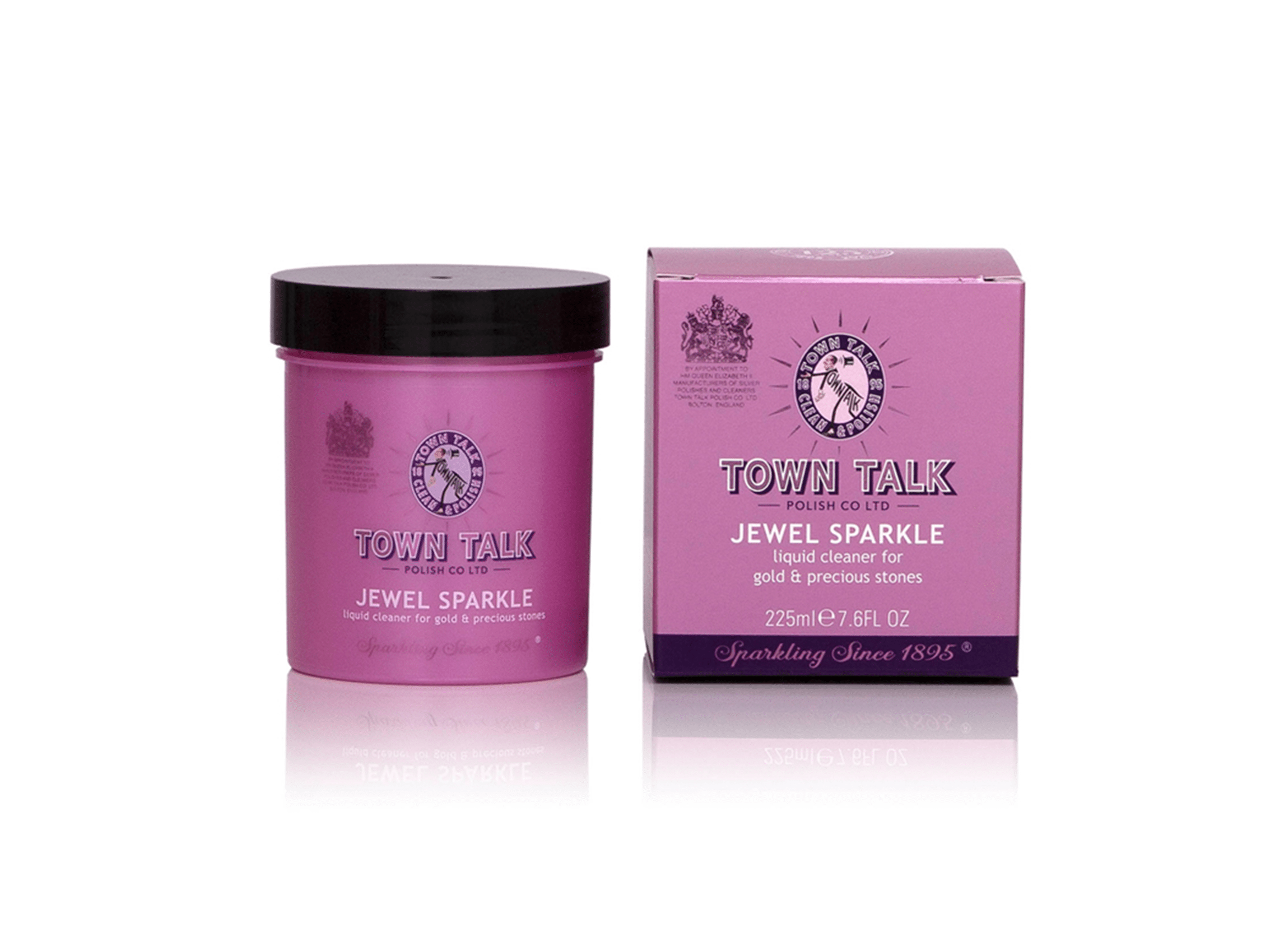 Town Talk Jewel Sparkle 225ml jar with shimmering silver polish showcasing its sparkling, reflective surface.