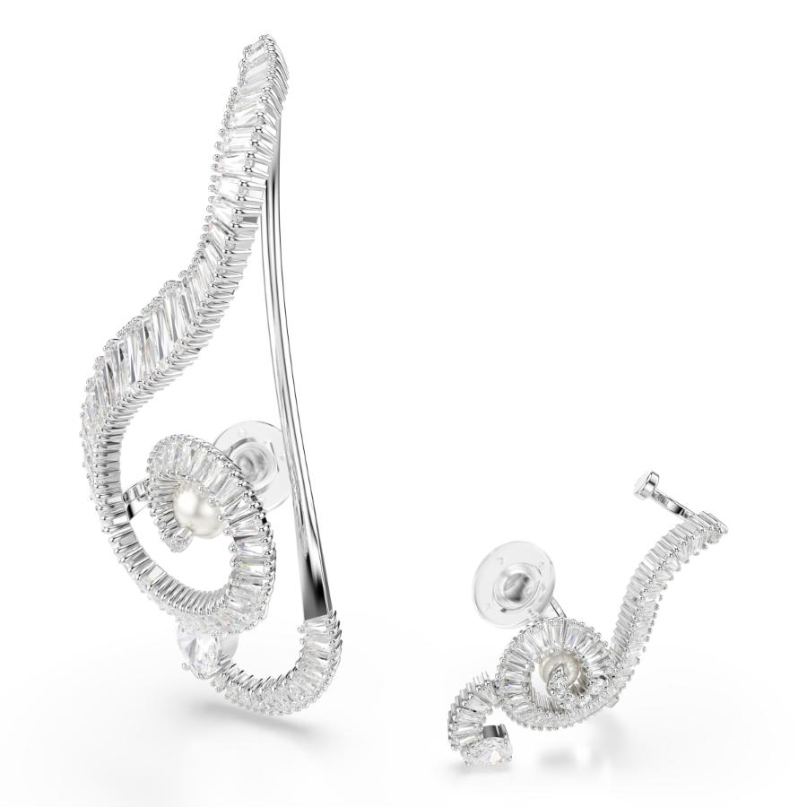Ariana Grande x Swarovski Clip Earrings, Asymmetrical Design, Crystal Pearl, Baguette Cut, White, Rhodium Plated -Swarovski