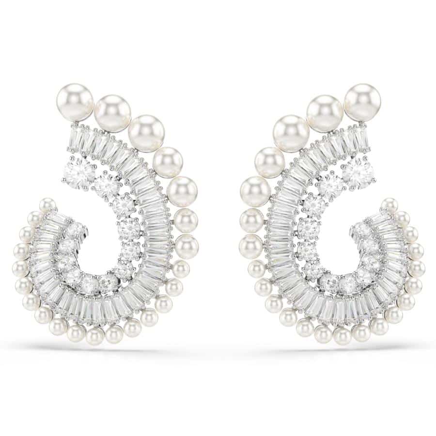 Ariana Grande x Swarovski Drop Earrings, Crystal Pearl, Mixed Cuts, White, Rhodium Plated -Swarovski
