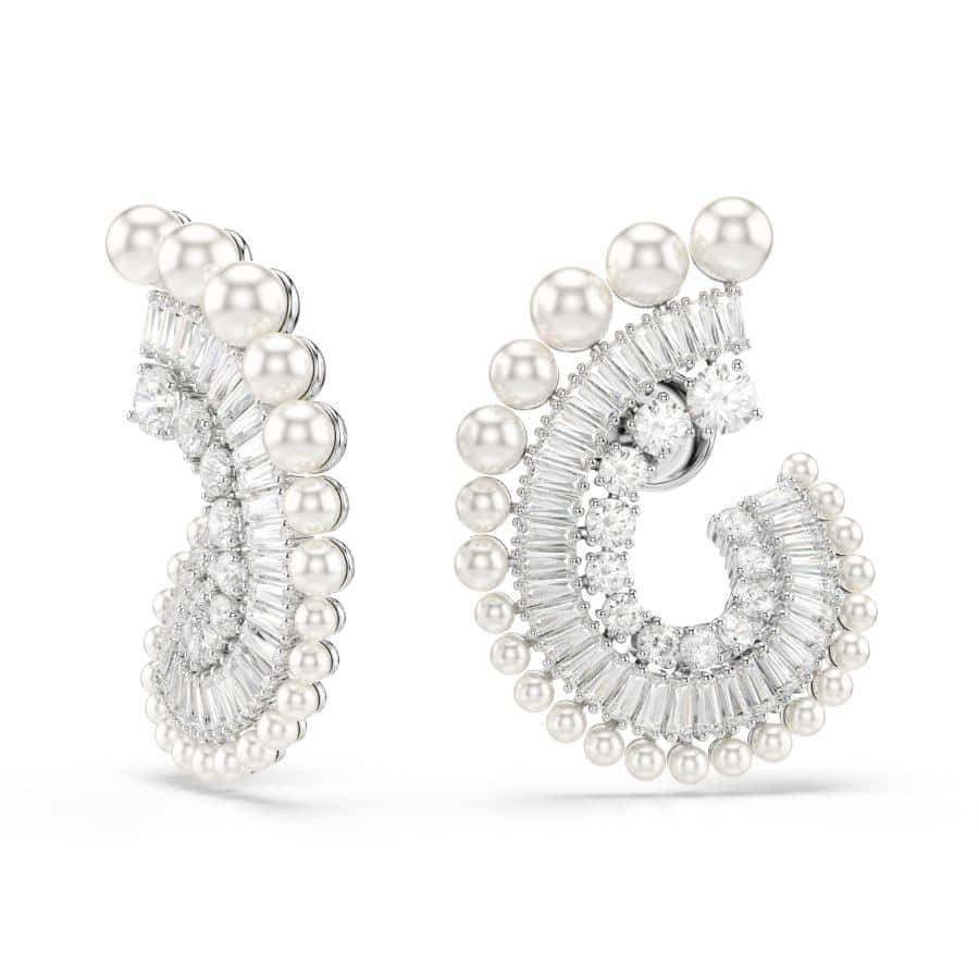 Ariana Grande x Swarovski Drop Earrings, Crystal Pearl, Mixed Cuts, White, Rhodium Plated -Swarovski