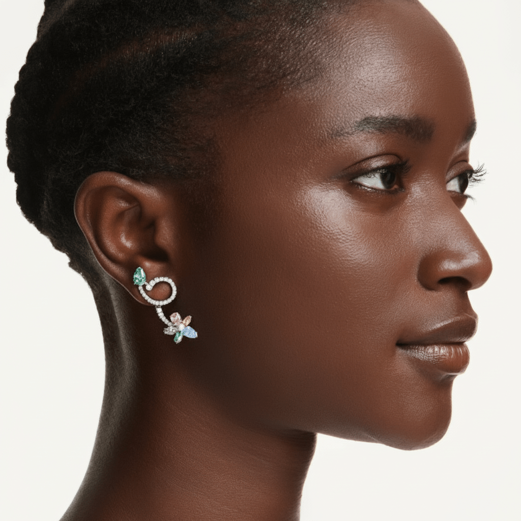 Ariana Grande x Swarovski drop earrings with ear jacket, Mixed cuts, Dragonfly, Flower, Multicolored, Rhodium plated -Swarovski