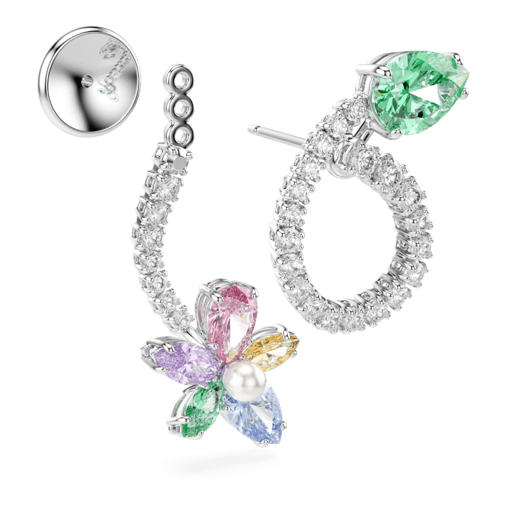 Ariana Grande x Swarovski drop earrings with ear jacket, Mixed cuts, Dragonfly, Flower, Multicolored, Rhodium plated -Swarovski