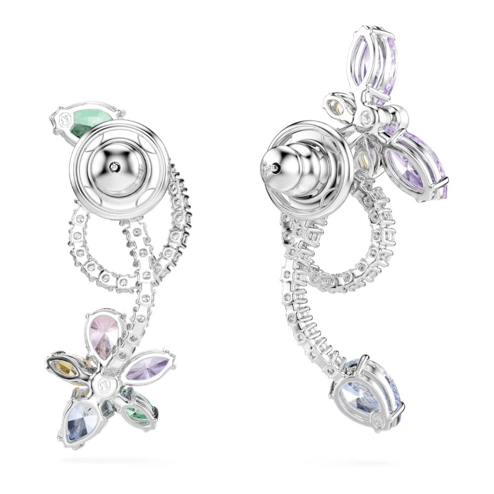 Ariana Grande x Swarovski drop earrings with ear jacket, Mixed cuts, Dragonfly, Flower, Multicolored, Rhodium plated -Swarovski
