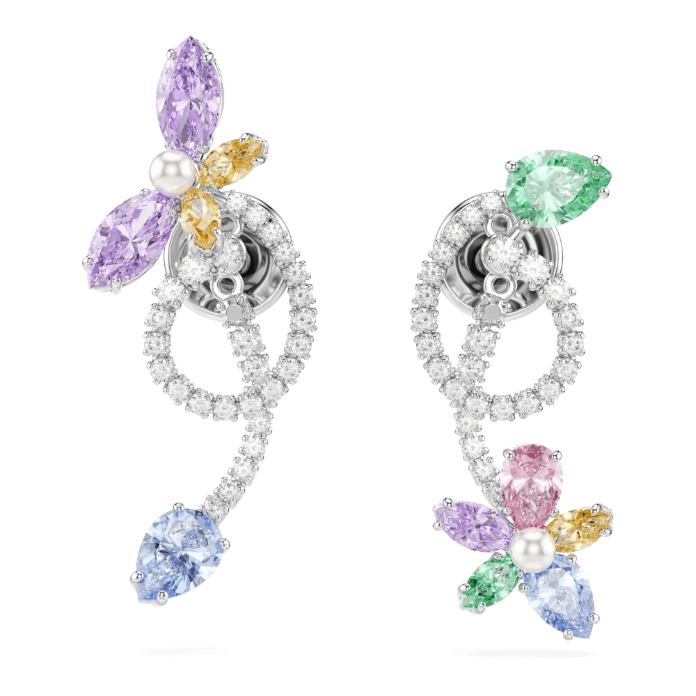 Ariana Grande x Swarovski drop earrings with ear jacket, Mixed cuts, Dragonfly, Flower, Multicolored, Rhodium plated -Swarovski