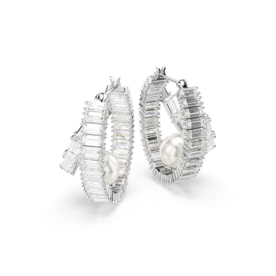 Ariana Grande x Swarovski Hoop Earrings, Crystal Pearl, Baguette Cut, White, Rhodium Plated -Swarovski