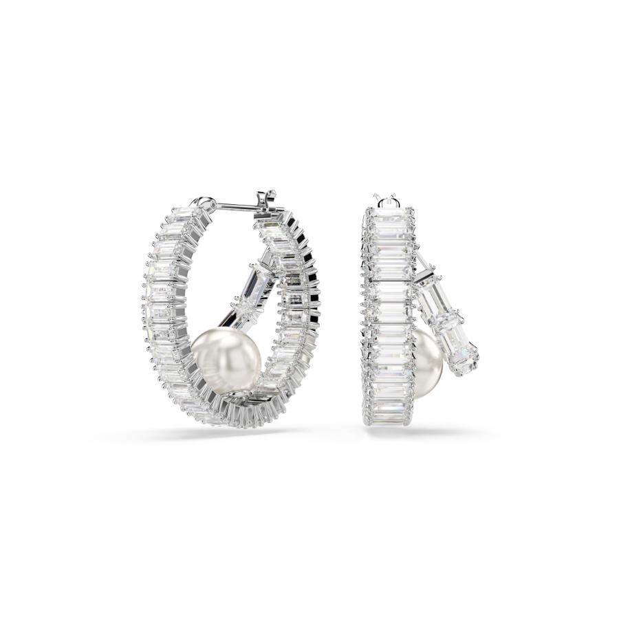 Ariana Grande x Swarovski Hoop Earrings, Crystal Pearl, Baguette Cut, White, Rhodium Plated -Swarovski
