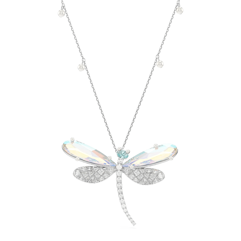Ariana Grande x Swarovski pendant and brooch, Mixed cuts, Dragonfly, Green, Rhodium plated -Swarovski