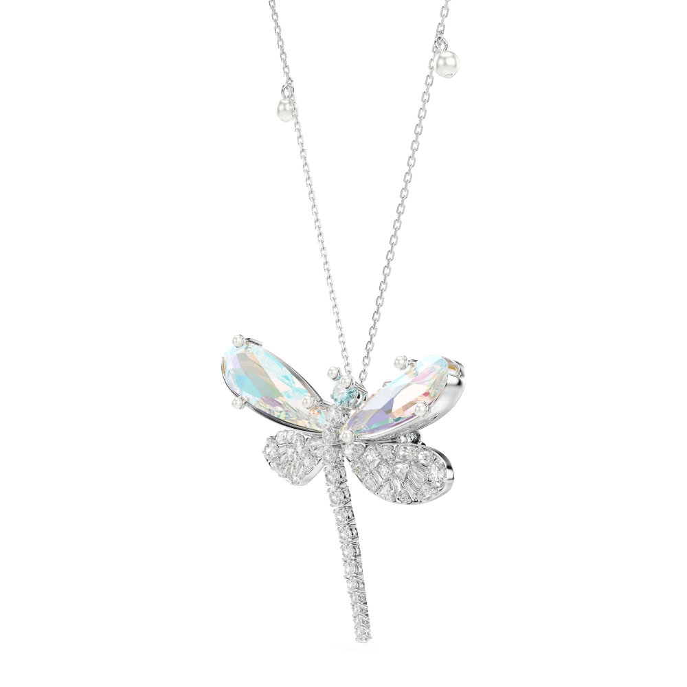 Ariana Grande x Swarovski pendant and brooch, Mixed cuts, Dragonfly, Green, Rhodium plated -Swarovski