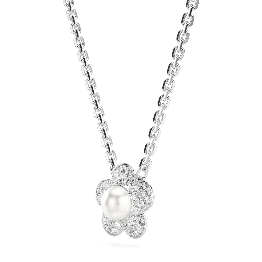 Ariana Grande x Swarovski pendant Crystal Pearl, Round cut, Flower, White, Rhodium plated -Swarovski