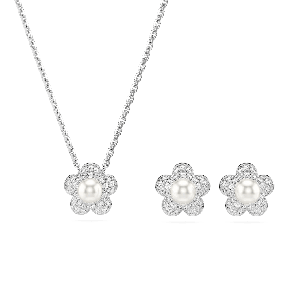 Ariana Grande x Swarovski set, Crystal pearl, Round cut, Flower, White, Rhodium plated -Swarovski