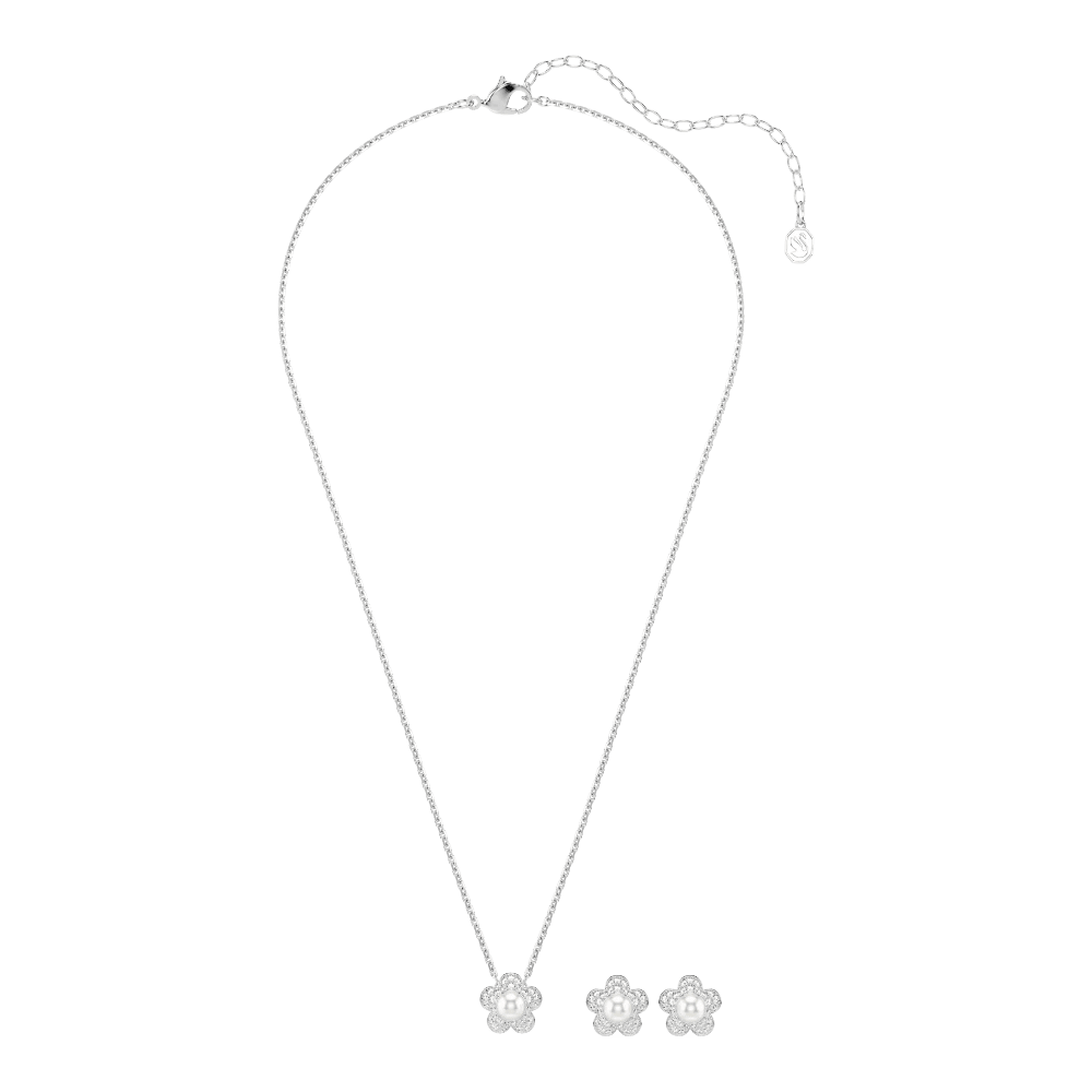 Ariana Grande x Swarovski set, Crystal pearl, Round cut, Flower, White, Rhodium plated -Swarovski