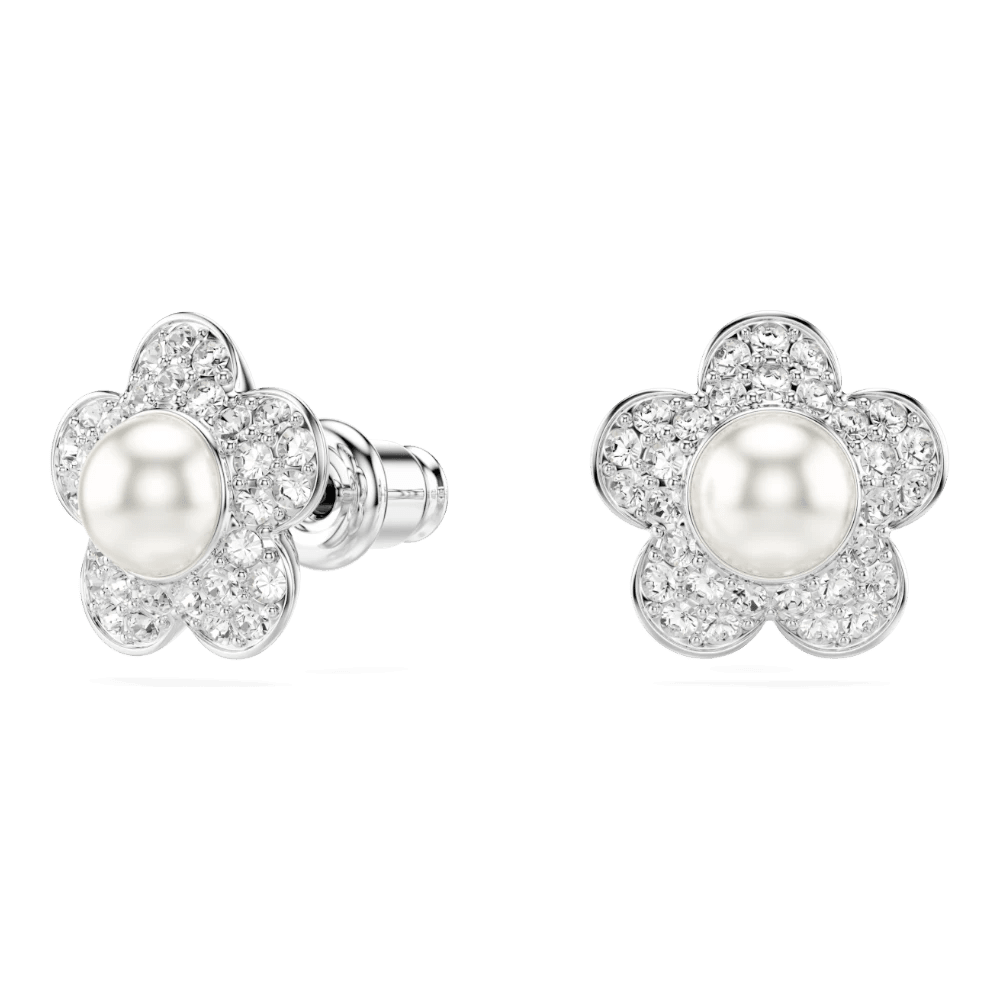 Ariana Grande x Swarovski stud earrings Crystal Pearl, Round cut, Flower, White, Rhodium plated -Swarovski