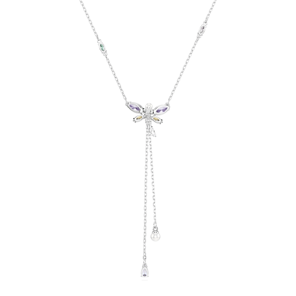 Ariana Grande x Swarovski Y necklace, Mixed cuts, Dragonfly, Multicolored, Rhodium plated -Swarovski