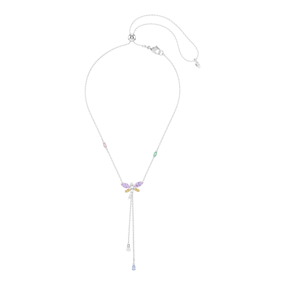 Ariana Grande x Swarovski Y necklace, Mixed cuts, Dragonfly, Multicolored, Rhodium plated -Swarovski