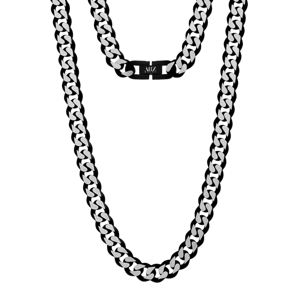 ARZ 8mm Black & Steel Cuban Link Necklace -ARZ Steel