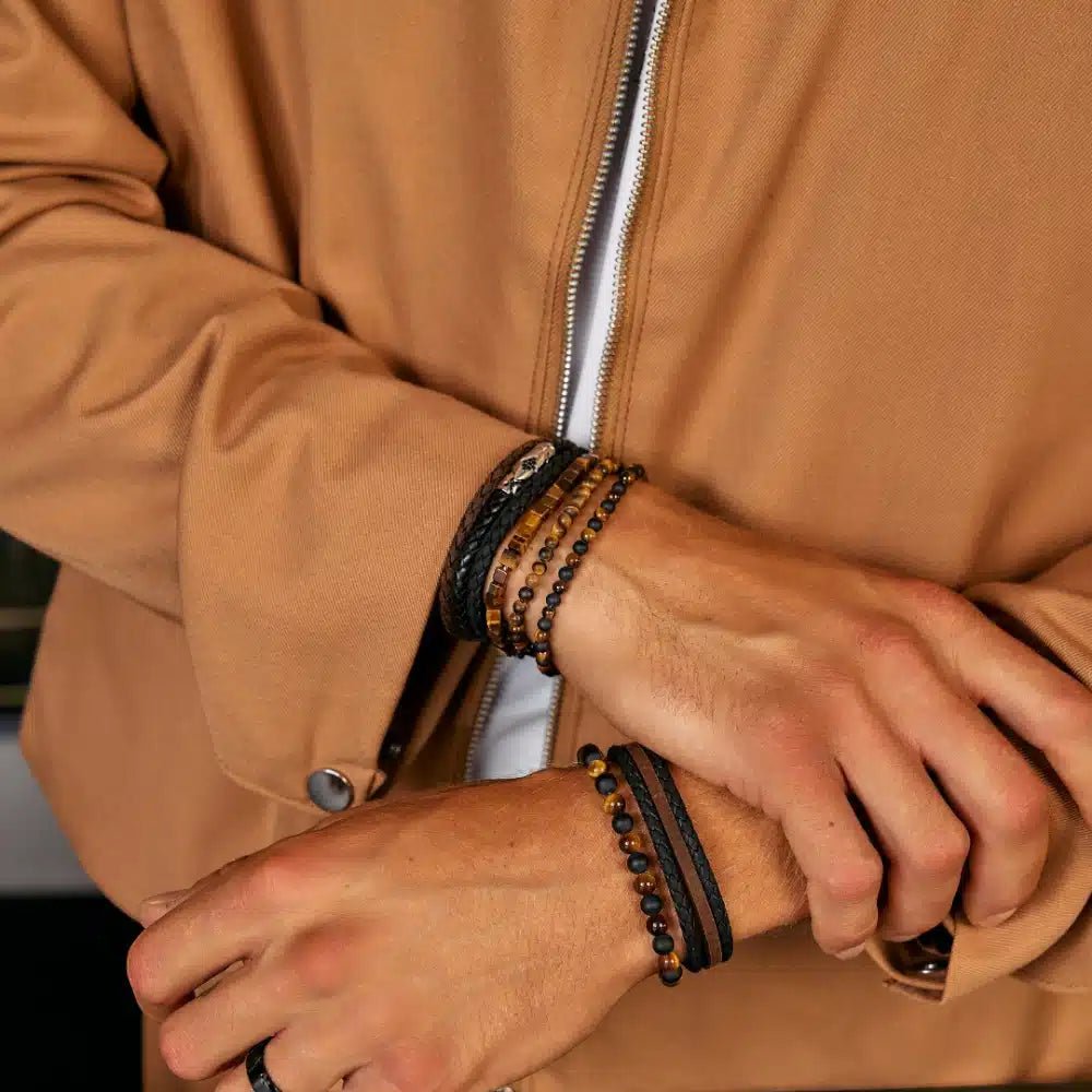 ARZ Tigers Eye Brown Stones With Steel Details Bracelet -Spilhaus