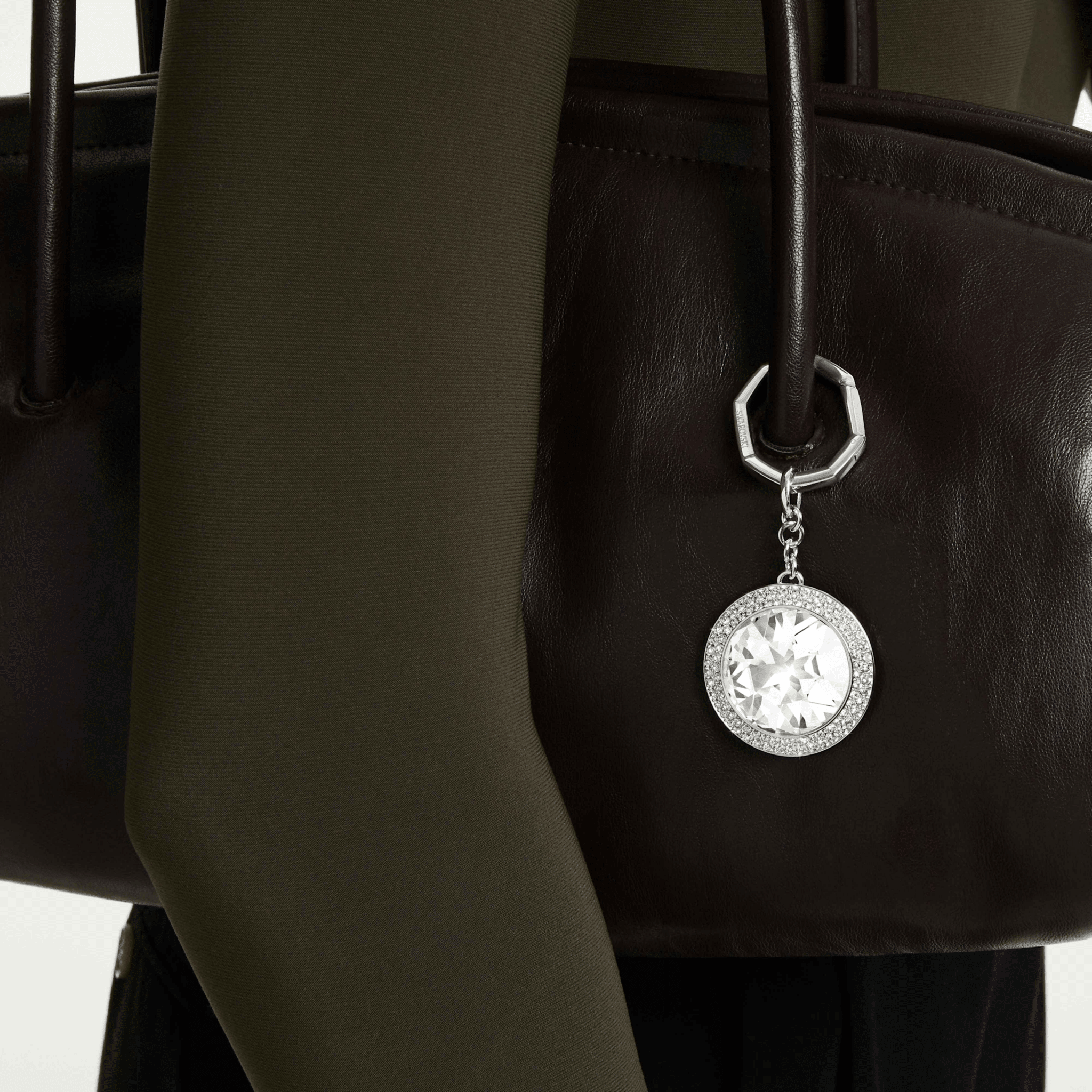 Bag charm, Round cut, White, Rhodium plated -Swarovski