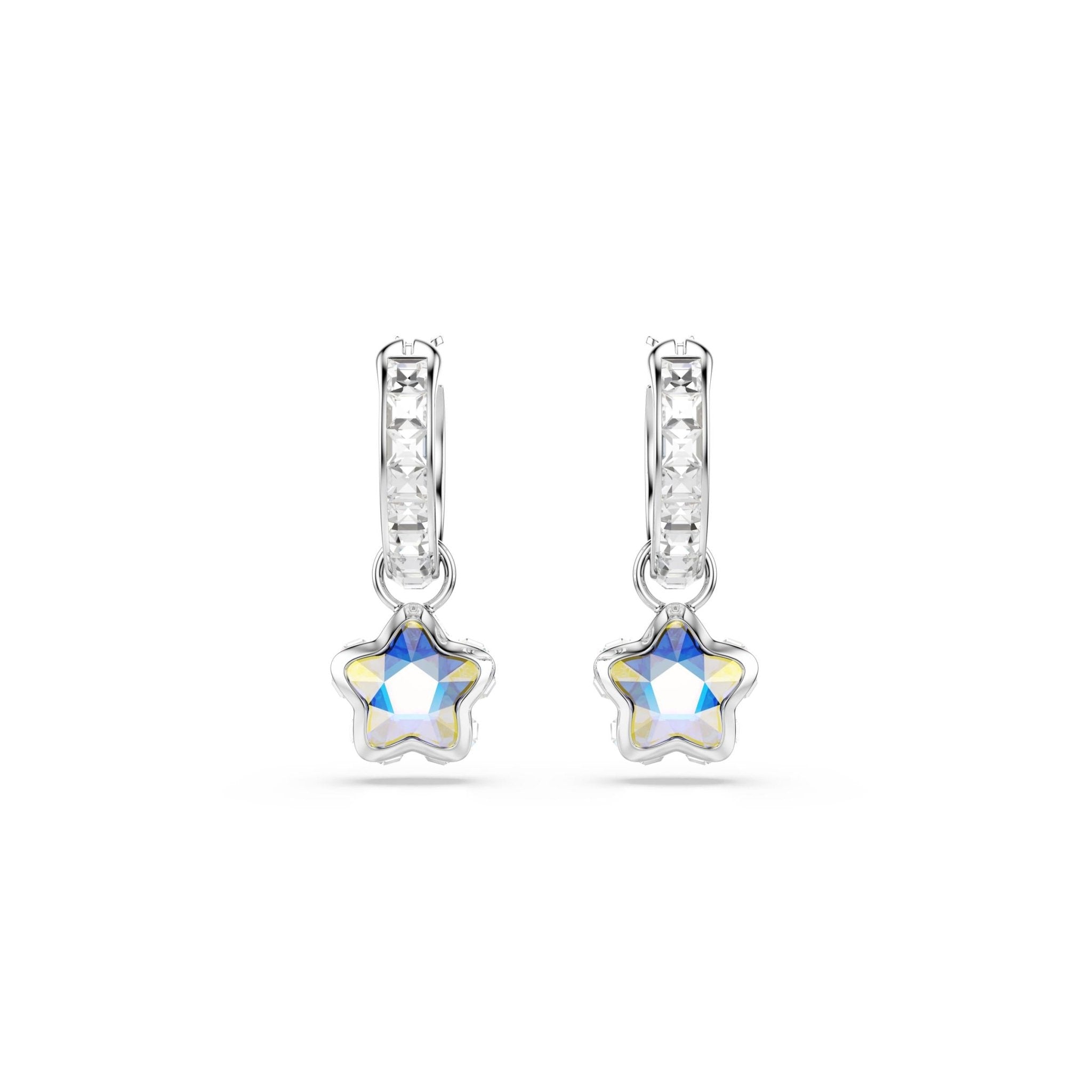 Chroma drop earrings, Mixed cuts, Star, White, Rhodium plated -Swarovski