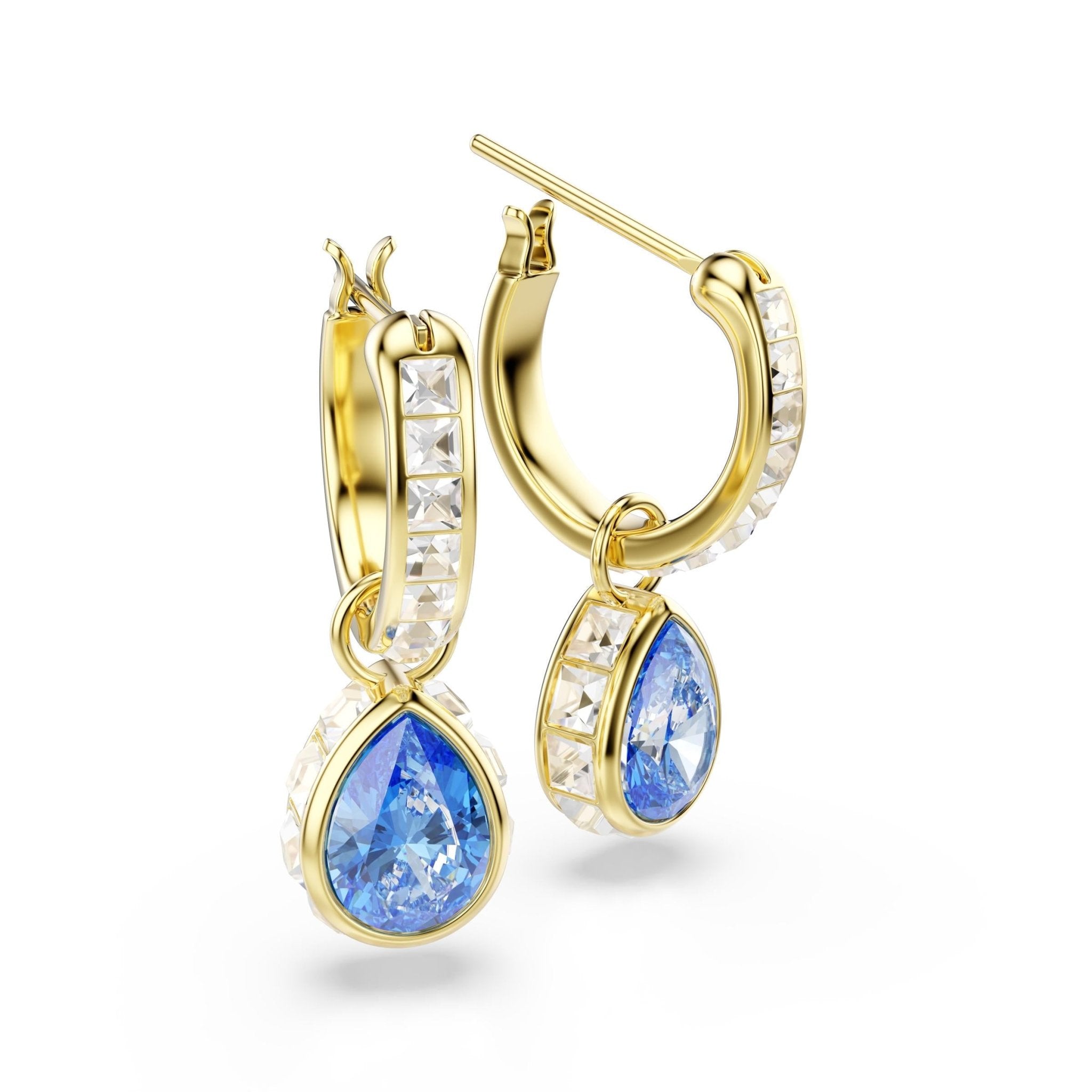 Chroma drop earrings, Pear cut, Blue, 18K gold finish -Swarovski
