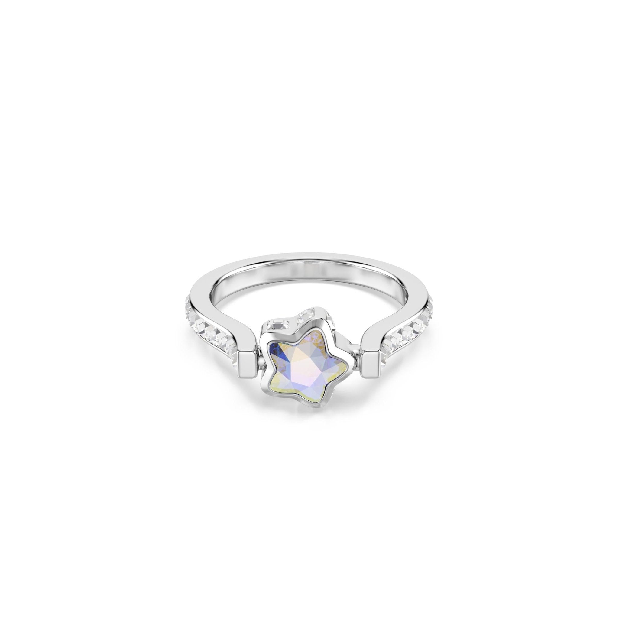 Chroma ring, Mixed cuts, Star, White, Rhodium plated -Swarovski