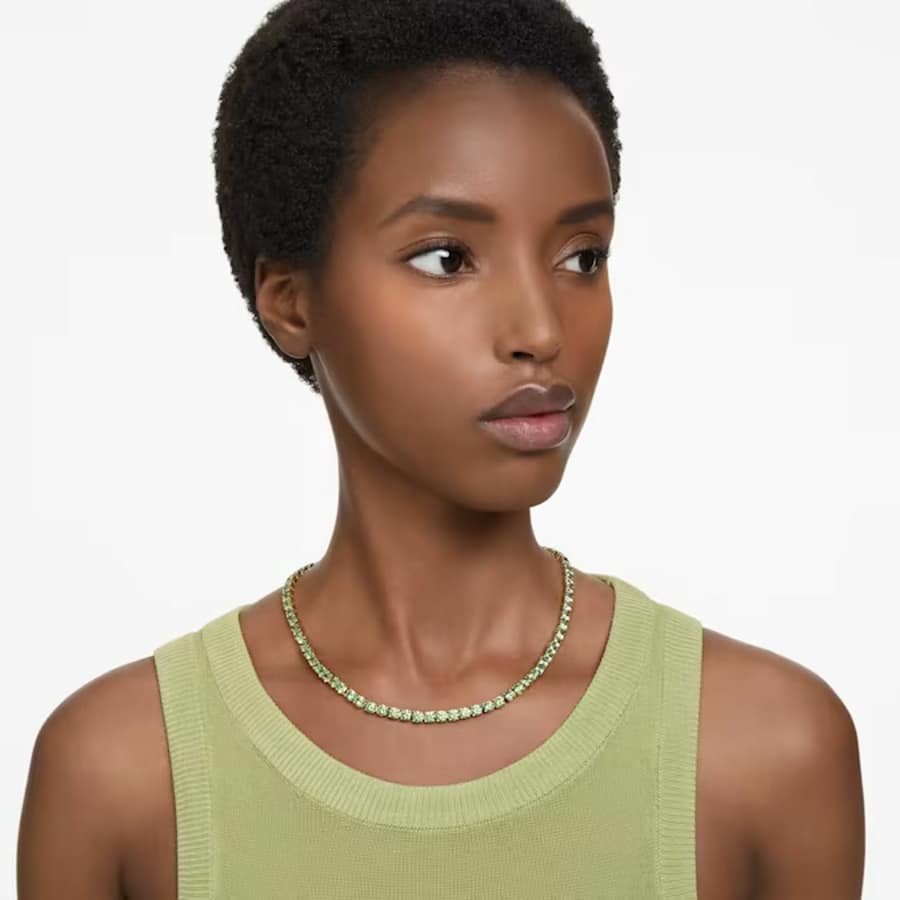 Swarovski Matrix Tennis Necklace with round green crystals, gold-tone plating, medium length, elegant jewelry for women